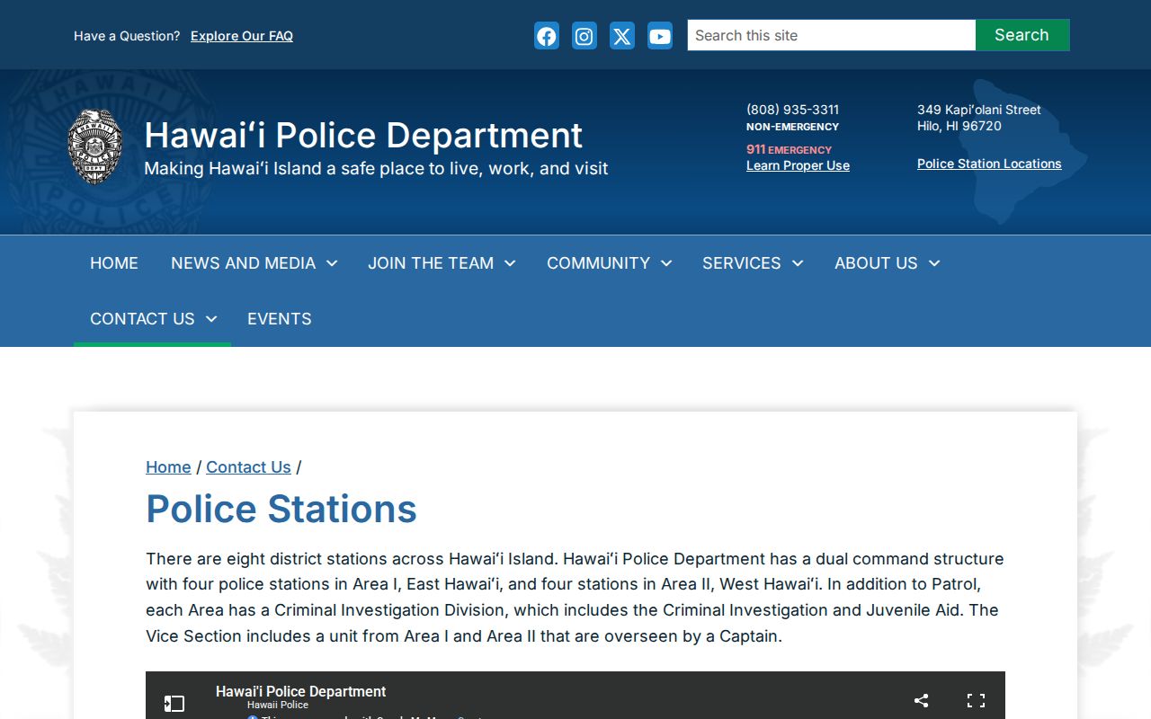 Hawaiʻi Police Department station directory with Kona district information
