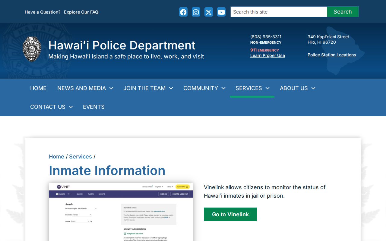 HPD inmate information page