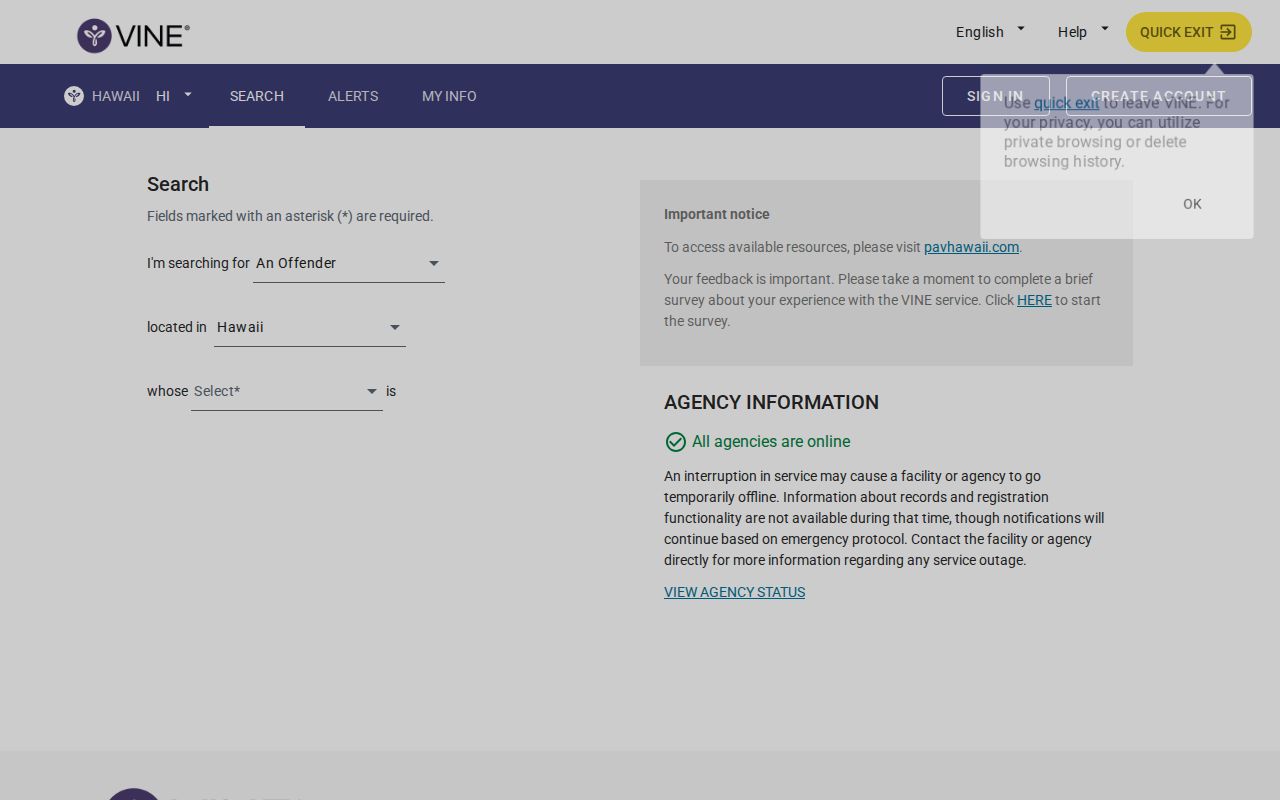 VINELink Hawaiʻi person search form