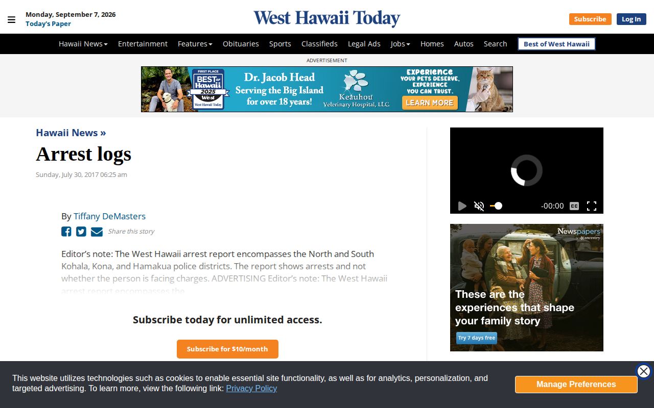 West Hawaiʻi Today historical arrest log article for West Hawaiʻi districts