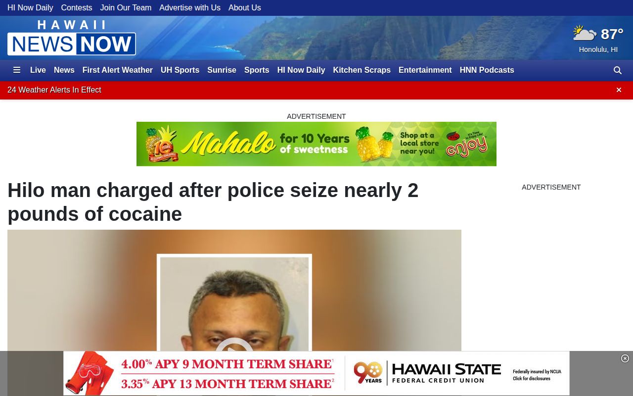 Hawaiʻi News Now page showing a selected Hilo arrest and charge report
